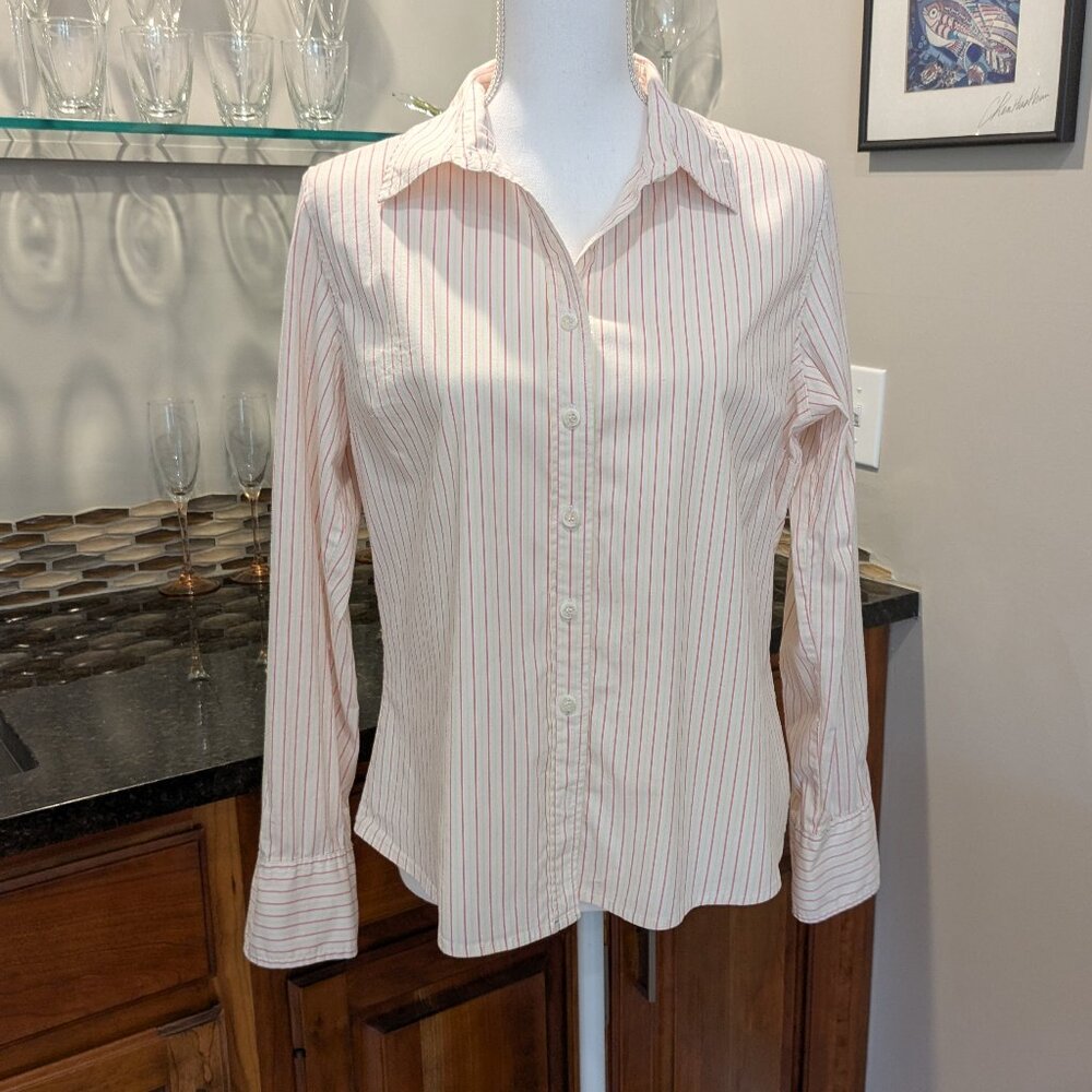 Women's Buttoned-Up Blouse Twin Stripe Red Yellow Long-Sleeve Collared Shirt